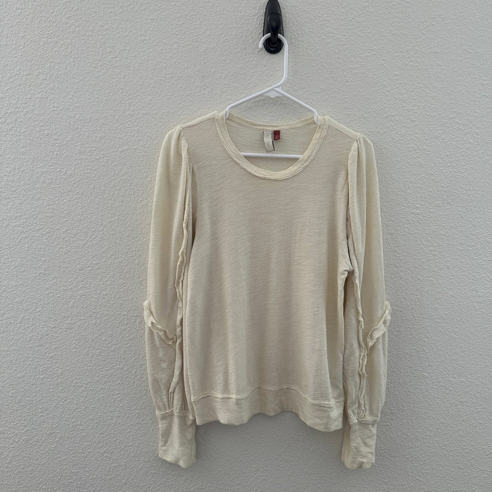 Anthropologie Pilcro Cream Slub Knit Puff Sleeve‎ Ruffle Trim Long Sleeve Top M